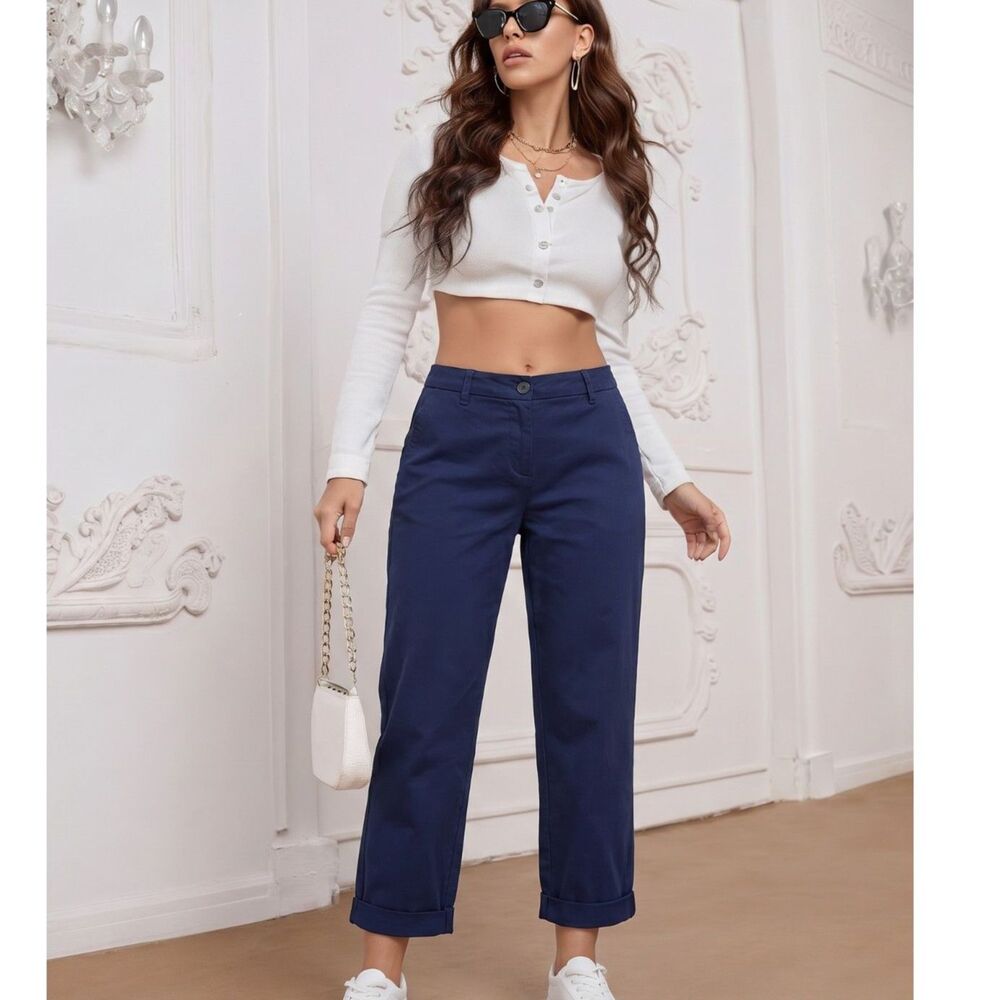 NEW Talbots Girlfriend Navy Cropped Pants Women’s 6P NWT Cotton Spandex Cuffed